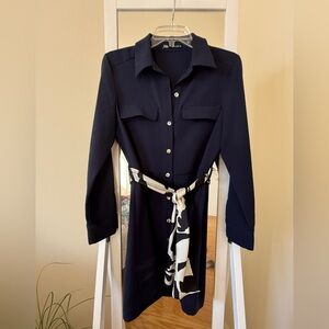 Zara Navy Long-Sleeve Shirt Dress with Contrast Black-and-Cream Tie